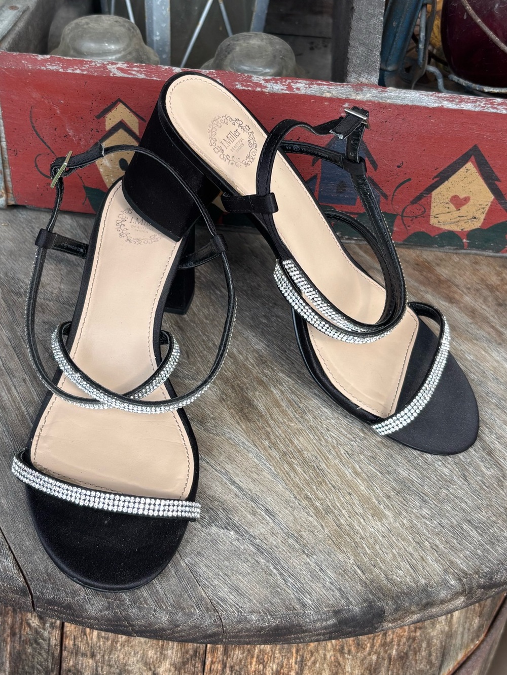 I Miller Dressy Black Rhinestone Strap Block Heel Sandals